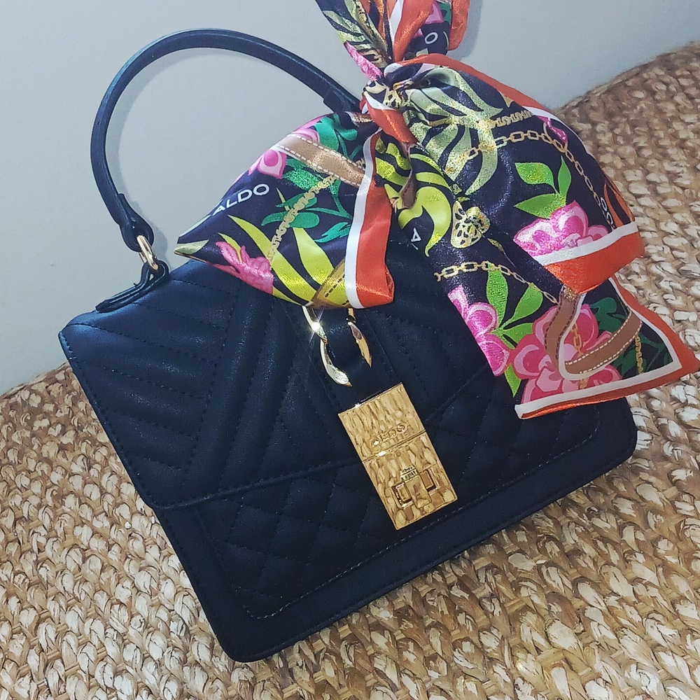 Aldo Black Satchel with Gold Clasp and Scarf Accent
